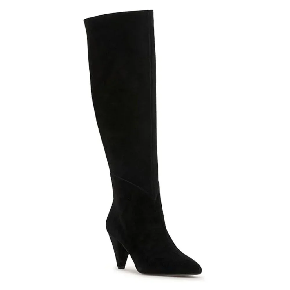 7.5 Tall Knee High Boot Black Leather Suede Cone Heel Pointed Toe Zip Bryle